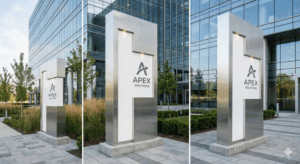 იდენტობის ვერტიკალური არქიტექტურა: პილონები და სტელები – ბრენდის უწყვეტი წარმომადგენლები 1 თანამედროვე დიზაინის კორპორაციული სტელა ოფისის შენობის შესასვლელთან, რომელიც ადასტურებს ადგილმდებარეობას