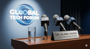 როგორ ქმნიან ბრიფინგის სივრცეები ნდობასა და ოფიციალურ კომუნიკაციას? 2 ბრიფინგის დეტალების ახლო ხედი: მიკროფონები პოდიუმზე და კარგად განათებული ლოგო პრესვოლზე, რაც ხაზს უსვამს პროფესიონალურ განათებას